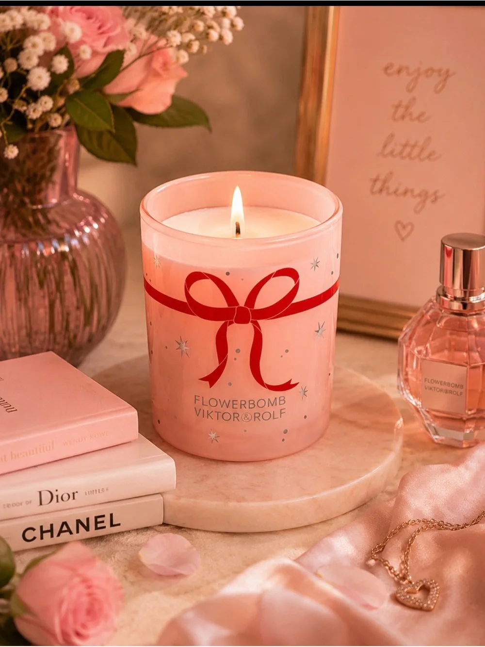 Viktor & Rolf Flowerbomb Pink Glass Candle with Red Ribbon Design